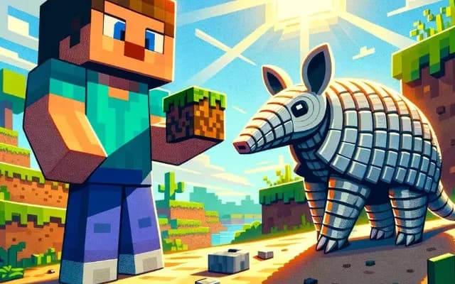 Gestileerde illustratie van een Minecraft speler naast een gordeldier