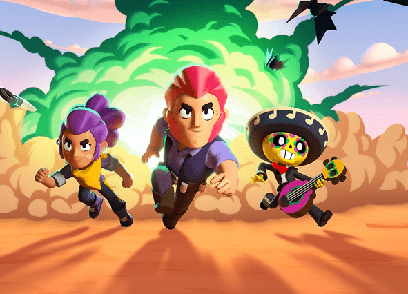 Drie Brawl Stars personages rennen voor een groene explosie