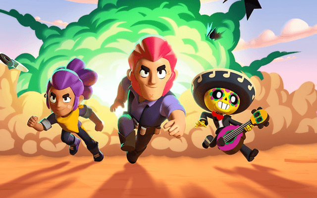 Drie Brawl Stars personages rennen voor een groene explosie