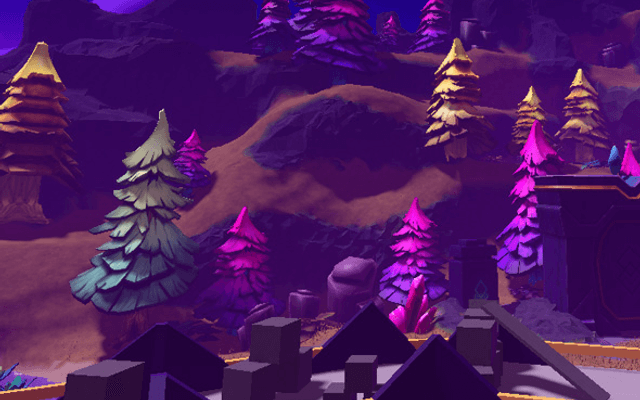 Gestileerd Roblox landschap met paarse bergen en bomen
