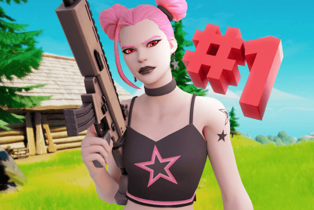 Fortnite personage met roze haar en een rood nummer één