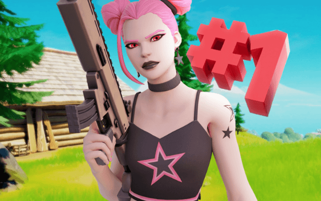 Fortnite personage met roze haar en een rood nummer één