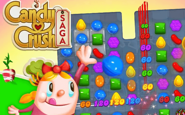 Candy Crush Saga logo, personage en speelveld met snoepjes