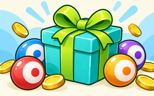 Turquoise cadeau met gekleurde bingoballen en gouden munten