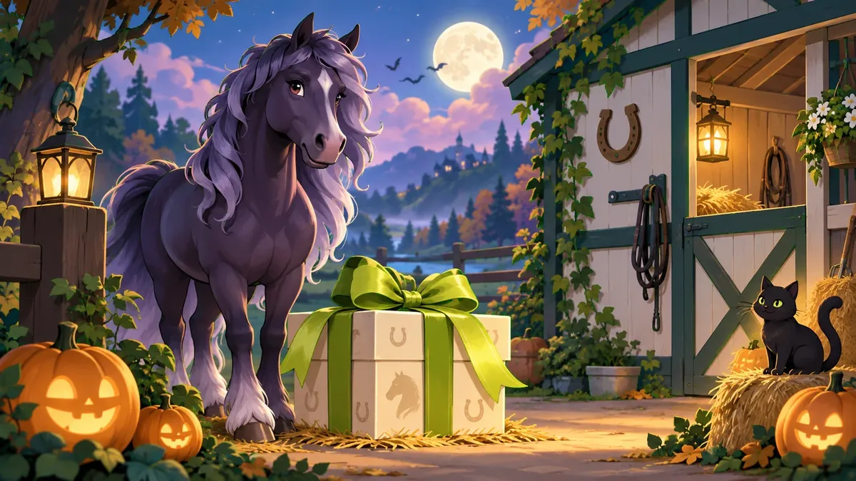 Paard bij een stal met een cadeau en Halloweenpompoenen