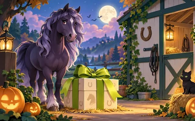Paard bij een stal met een cadeau en Halloweenpompoenen