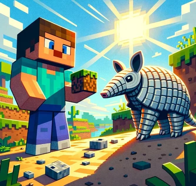 Gestileerde illustratie van een Minecraft speler naast een gordeldier