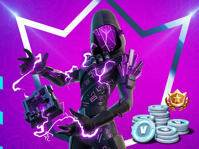 Fortnite personage naast V-Bucks en een kroon
