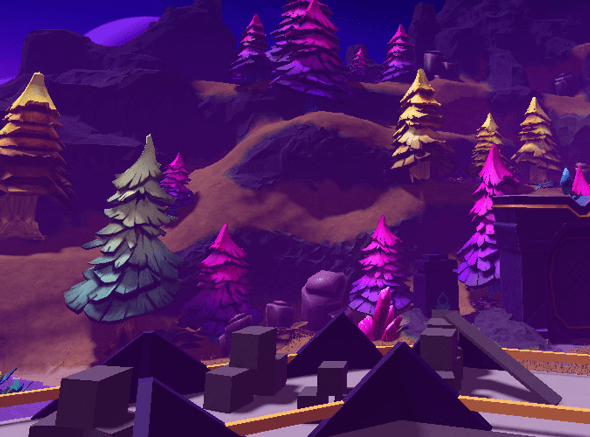 Gestileerd Roblox landschap met paarse bergen en bomen