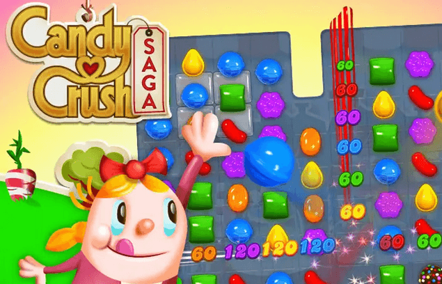 Candy Crush Saga logo, personage en speelveld met snoepjes