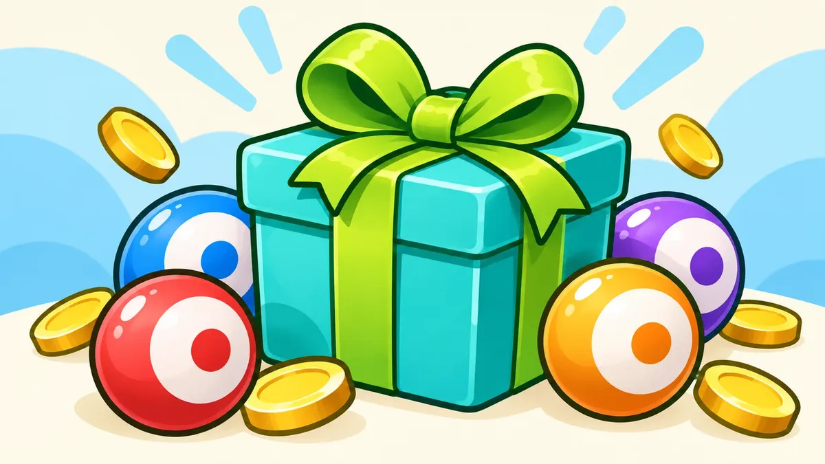 Turquoise cadeau met gekleurde bingoballen en gouden munten