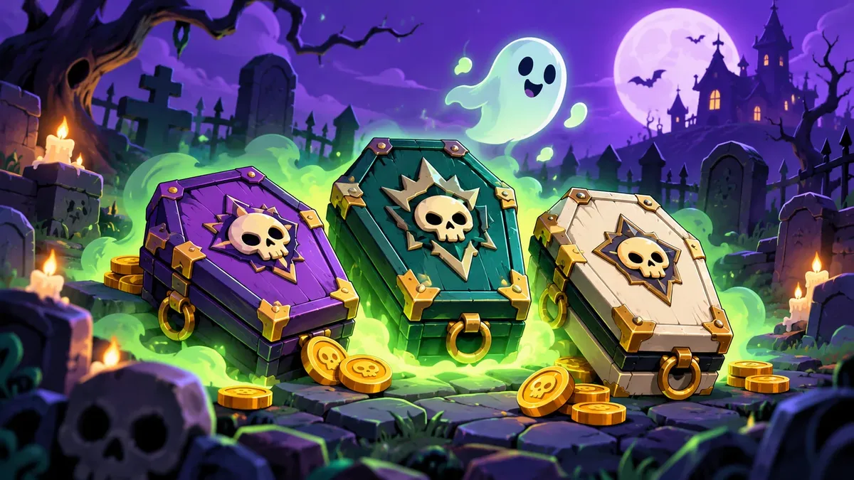 Drie gesloten paarse, groene en crèmekleurige kisten met een vriendelijk spookje op een nachtelijk kerkhof