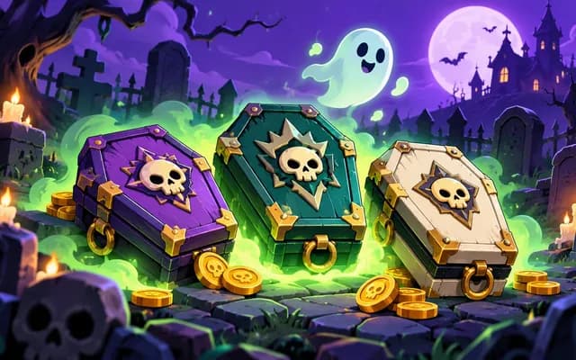 Drie gesloten paarse, groene en crèmekleurige kisten met een vriendelijk spookje op een nachtelijk kerkhof
