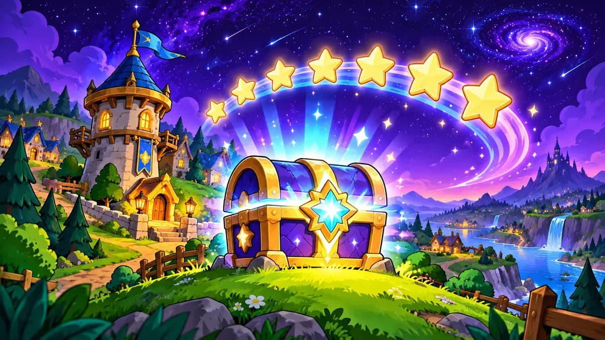 Fantasiedorp en lichtgevende schatkist onder een paarse sterrenhemel met zeven gouden sterren