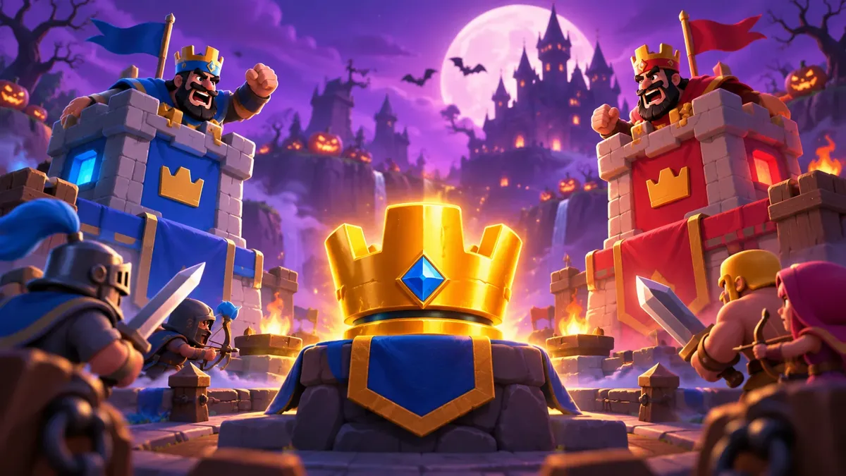 Een gouden kroon tussen een blauwe en rode kasteeltoren in een paarse Halloweenarena