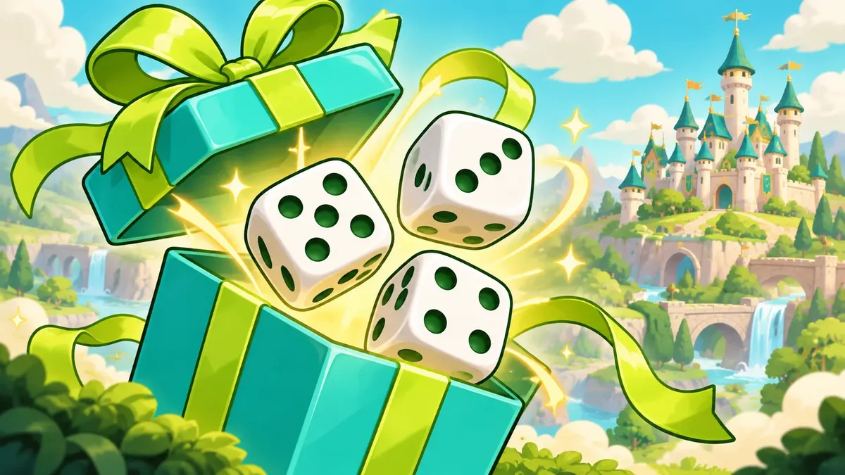 Drie witte dobbelstenen komen uit een turquoise cadeau naast een fantasiekasteel