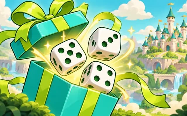 Drie witte dobbelstenen komen uit een turquoise cadeau naast een fantasiekasteel