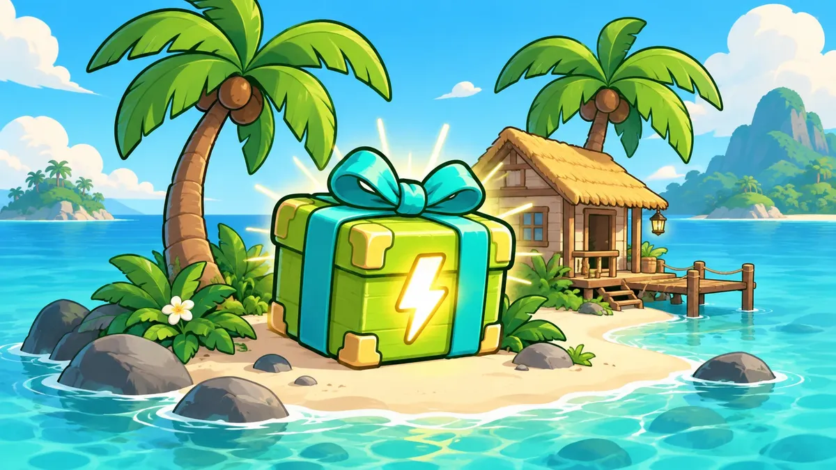 Groene cadeaukist met bliksemsymbool bij palmbomen en een huisje op een tropisch eiland
