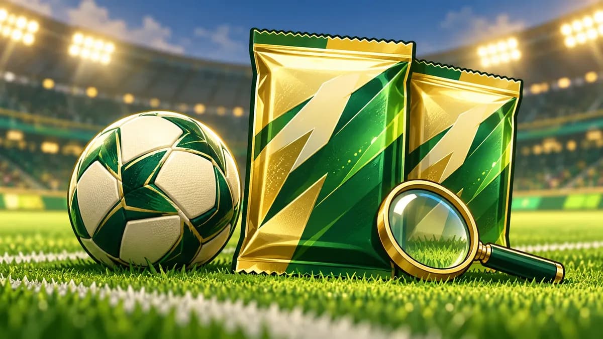 Voetbal, twee goudgroene beloningspakketten en een vergrootglas op een voetbalveld