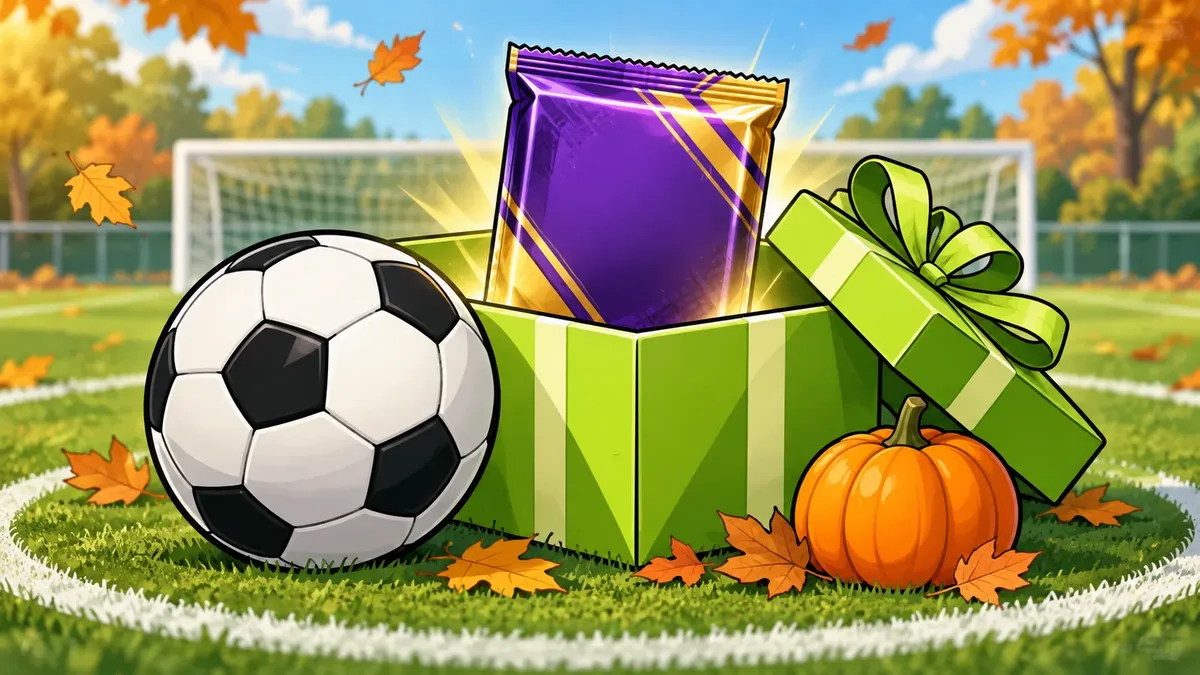 Voetbal en groene cadeaudoos met een paars pakket en een pompoen op een voetbalveld