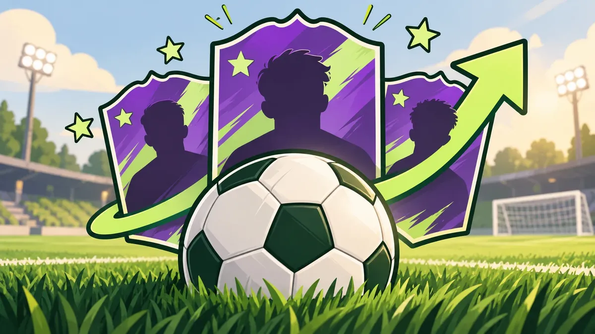Voetbal voor drie paarse spelerskaarten met sterren en een stijgende groene pijl