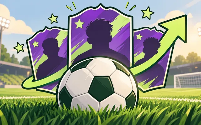 Voetbal voor drie paarse spelerskaarten met sterren en een stijgende groene pijl