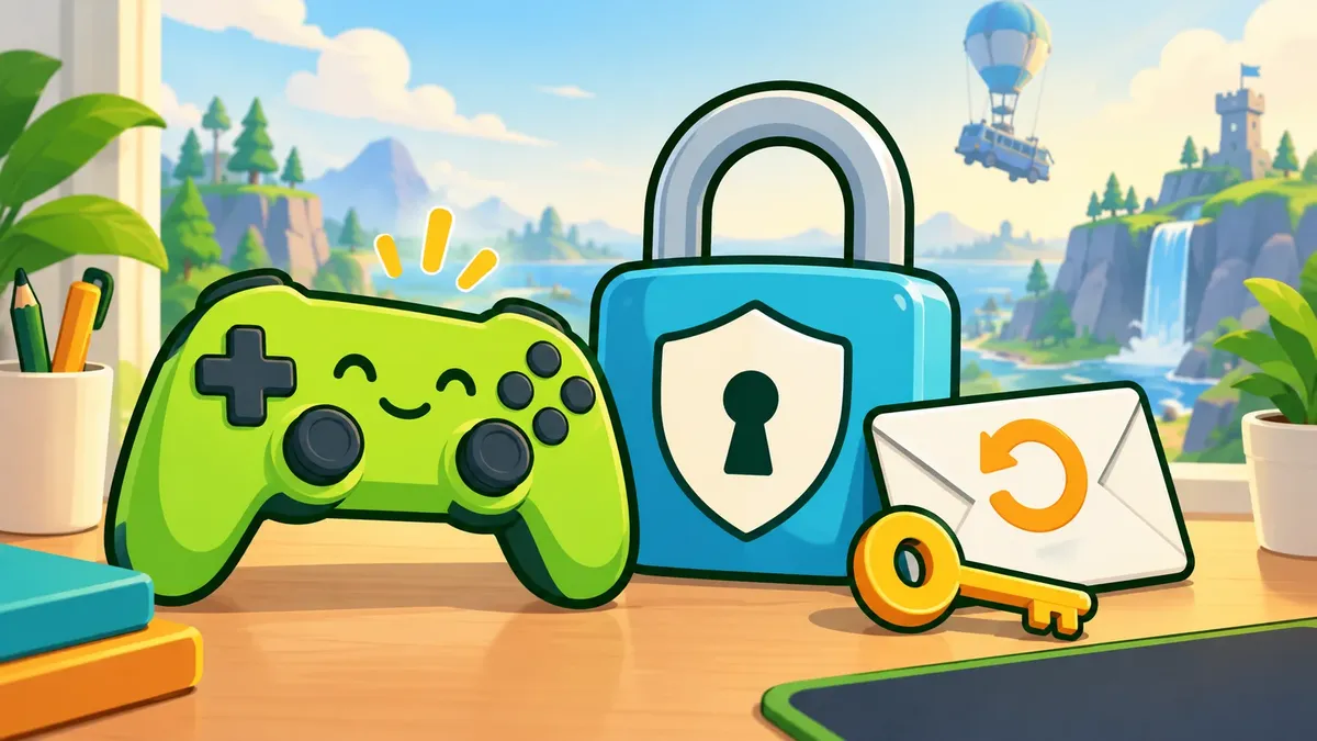 Een groene controller naast een hangslot, een sleutel en een envelop met een herstelpijl