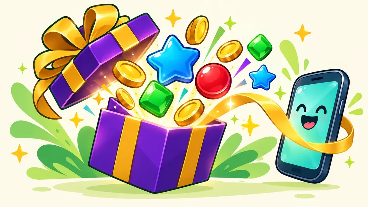 Een open cadeau met munten en kleurrijke puzzelstukken naast een smartphone