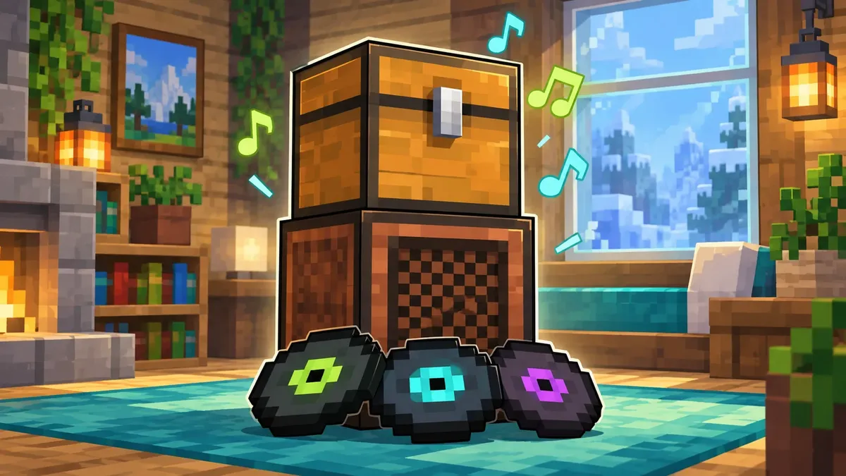 Een enkele houten kist boven een jukebox met drie muziekplaten en zwevende muzieknoten