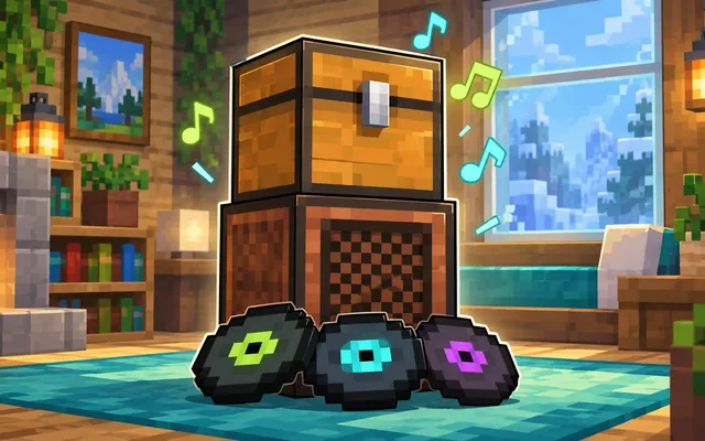 Een enkele houten kist boven een jukebox met drie muziekplaten en zwevende muzieknoten