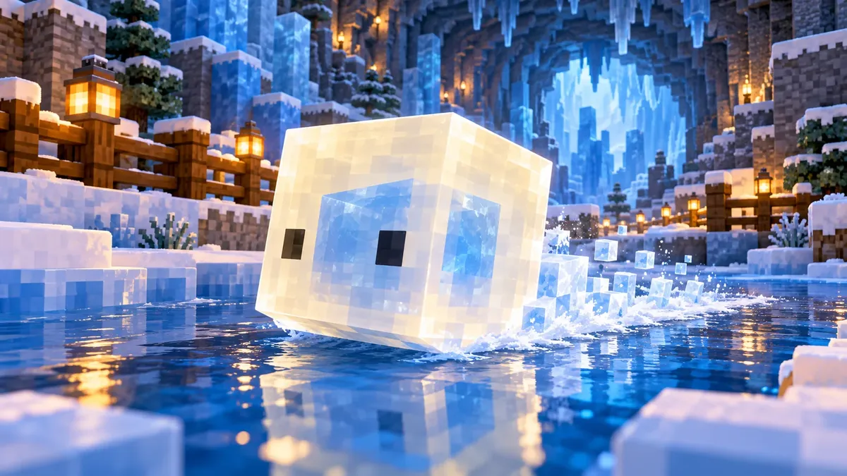 Een doorschijnende blokvormige cube met blauw ijs erin glijdt over een winters waterbassin
