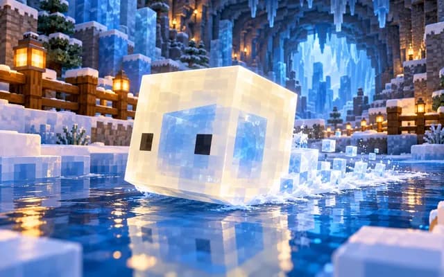 Een doorschijnende blokvormige cube met blauw ijs erin glijdt over een winters waterbassin