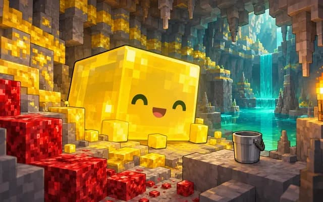 Een gele kubusmob in een blokvormige grot met gele en rode mineralen, een emmer en een fakkel