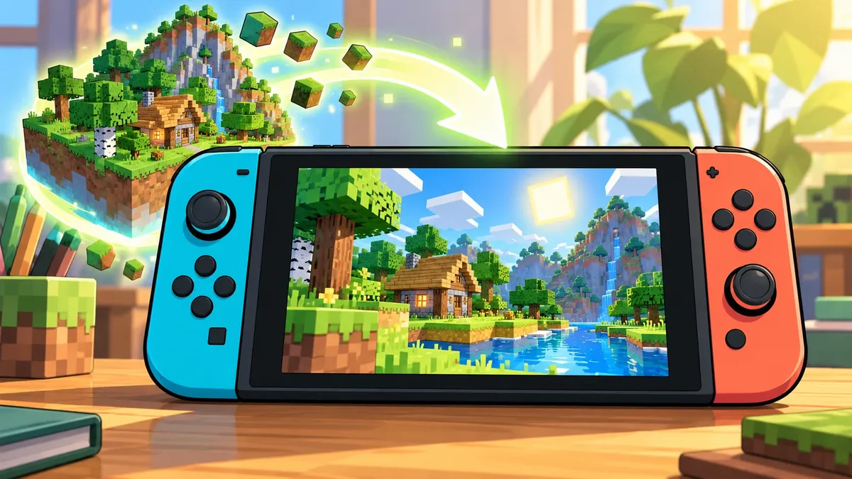 Een handheld spelcomputer met een blokkenwereld op het scherm en een lichtgevende upgradepijl