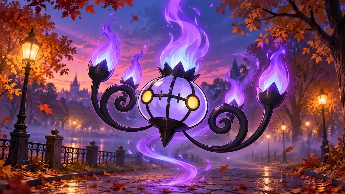 Chandelure zweeft met paarse vlammen boven een herfstig parkpad