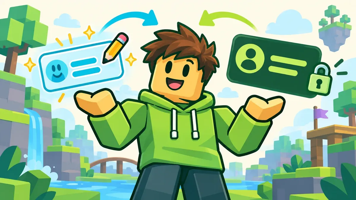 Een blokvormig gamepersonage naast een bewerkbaar naamkaartje en een vergrendeld accountkaartje