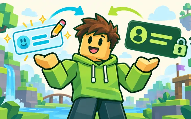 Een blokvormig gamepersonage naast een bewerkbaar naamkaartje en een vergrendeld accountkaartje