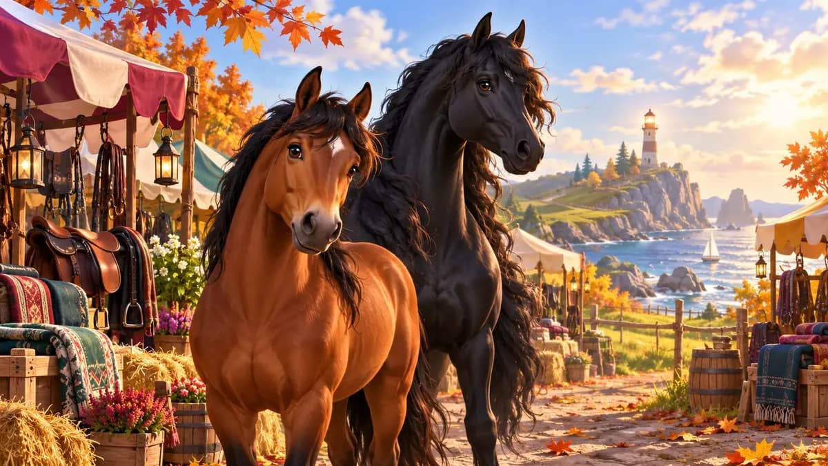 Een bruin en een zwart paard tussen marktkramen met een vuurtoren aan de kust